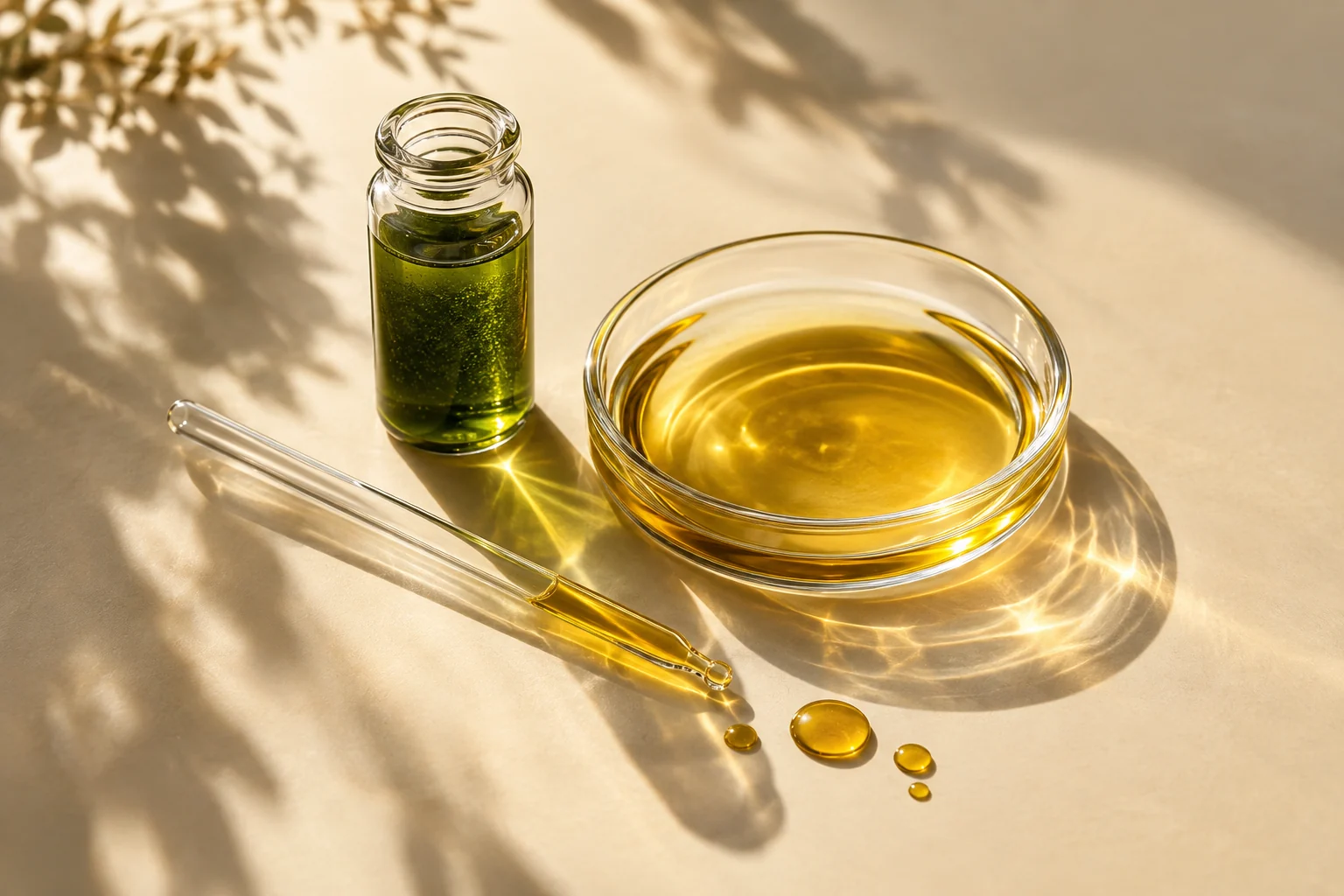 Illustrative still life of plant oil and algae culture in glass