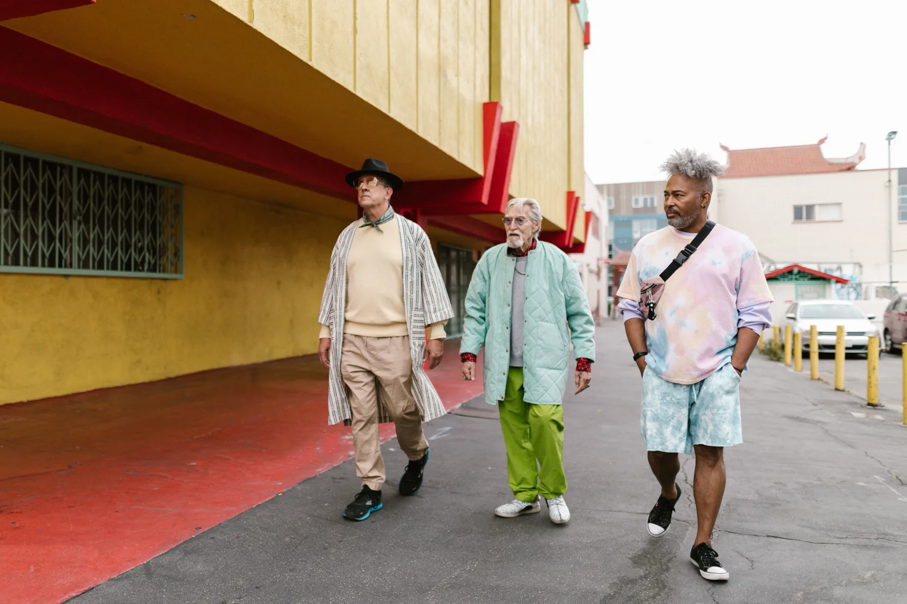 Friends walking through a city