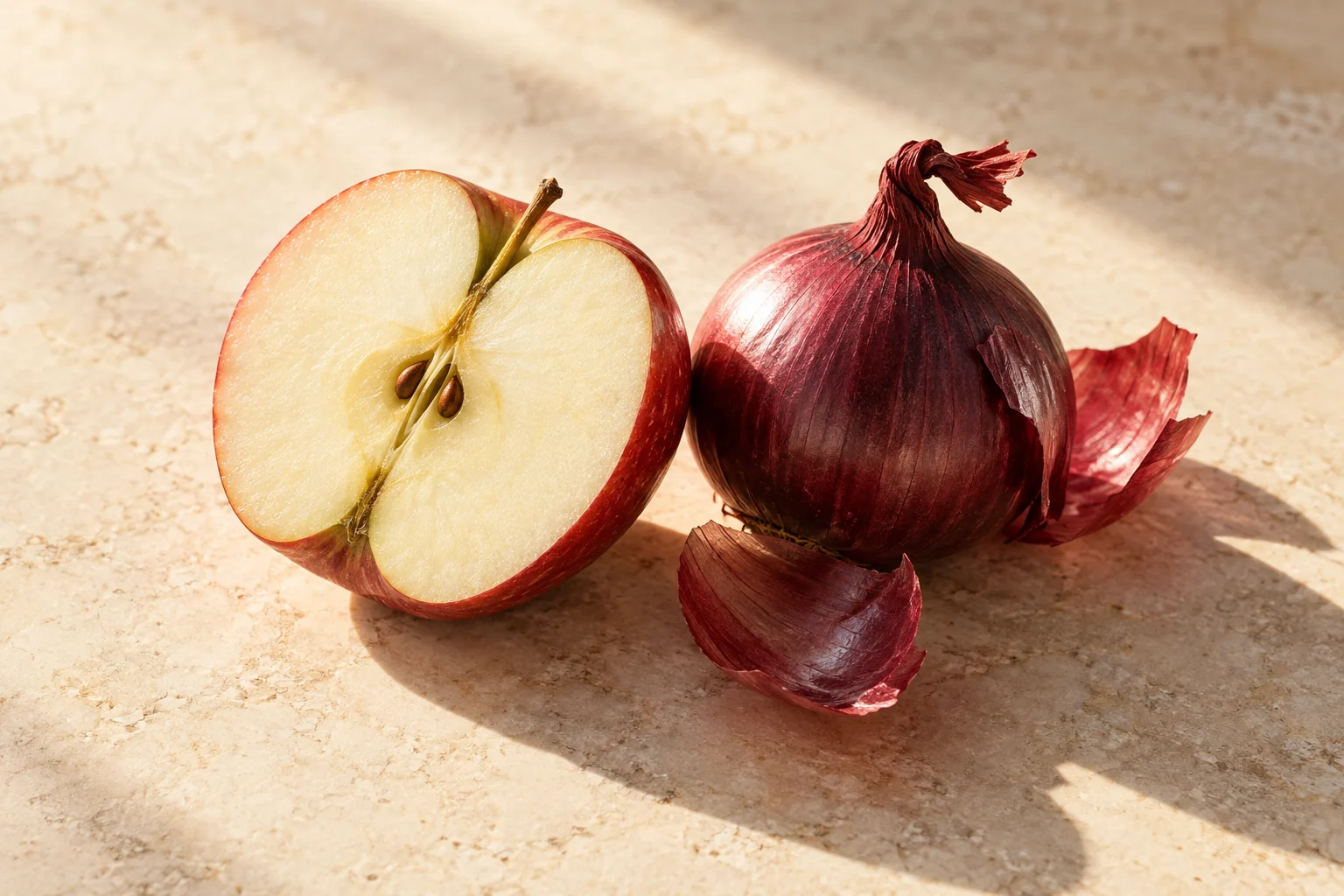 Fresh apple and red onion in sunlight